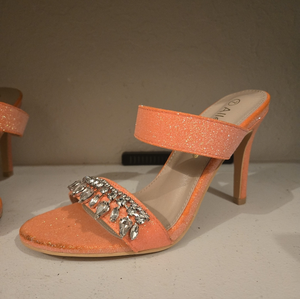 Allegra K Glitter Rhinestone Stiletto heel slip on Open Toe sandals Orange 7 - Picture 11 of 12